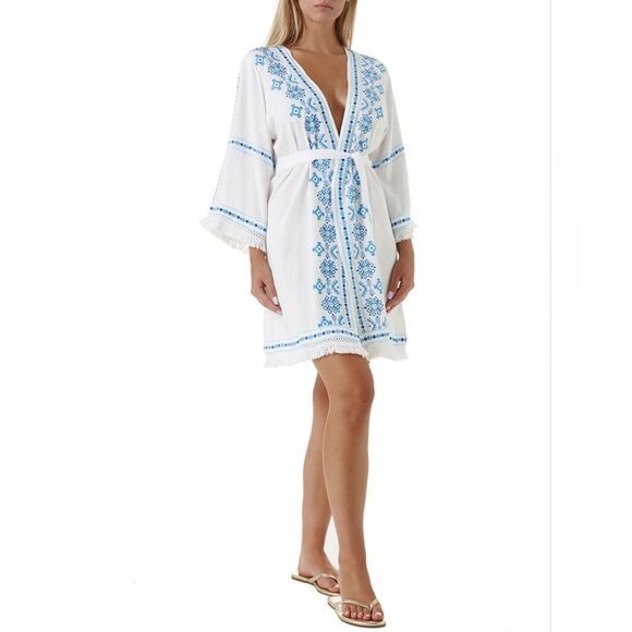 MELISSA ODABASH Kara White/Blue Kaftan Size Small Boho Chic Resort Swim Coverup - Picture 1 of 7